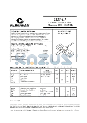 2223-1.7 datasheet - 1.7 Watts - 24 Volts, Class C Microwave 2200 - 2300 MHz