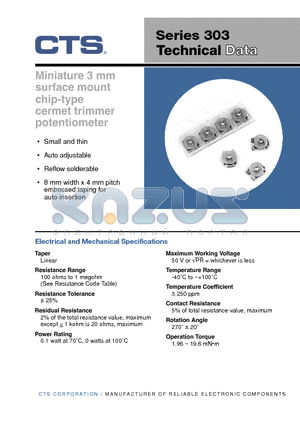 303UC101E datasheet - Miniature 3 mm surface mount chip-type cermet trimmer potentiometer