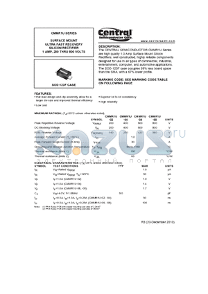 CMMR1U datasheet - SURFACE MOUNT ULTRA FAST RECOVERY SILICON RECTIFIER 1 AMP, 200 THRU 800 VOLTS