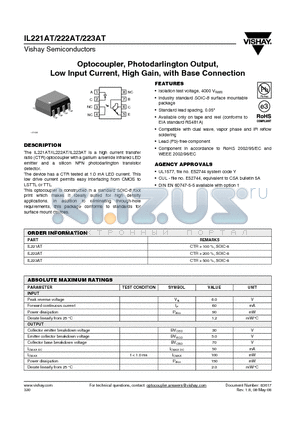 222AT datasheet - Optocoupler, Photodarlington Output, Low Input Current, High Gain, with Base Connection