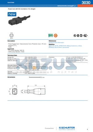3030 datasheet - Power Cord with IEC Connector C13, Straight