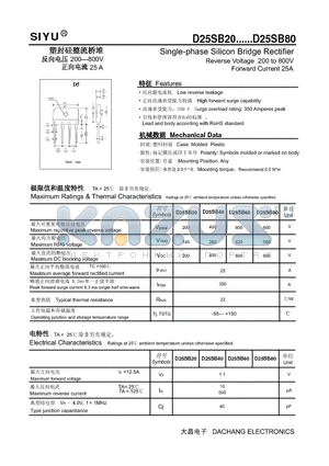 D25SB80 datasheet - Single-phase Silicon Bridge Rectifier Reverse Voltage 200 to 800V Forward Current 25A