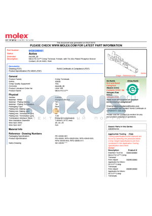 43030-0001 datasheet - Micro-Fit 3.0 Crimp Terminal, Female, with Tin (Sn) Plated Phosphor Bronze Contact, 20-24 AWG, Reel