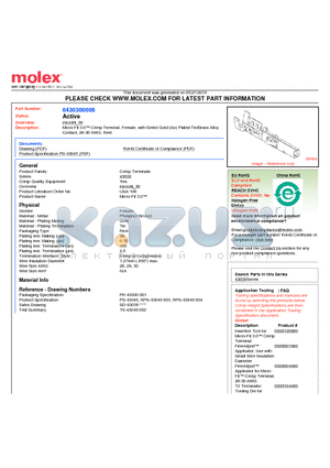 43030-0006 datasheet - Micro-Fit 3.0 Crimp Terminal, Female, with Select Gold (Au) Plated Tin/Brass Alloy Contact, 26-30 AWG, Reel