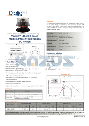 D264-A54-001 datasheet - Vigilant L864 LED Based Medium Intensity Red Beacon DC Version