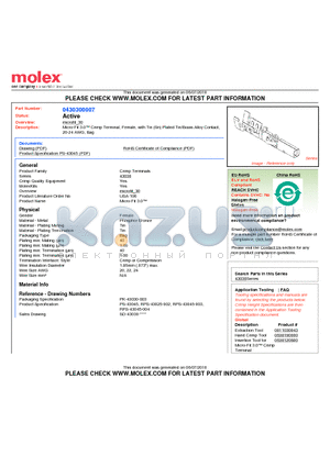 43030-0007 datasheet - Micro-Fit 3.0 Crimp Terminal, Female, with Tin (Sn) Plated Tin/Brass Alloy Contact, 20-24 AWG, Bag
