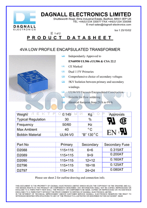 D2796 datasheet - 4VA LOW PROFILE ENCAPSULATED TRANSFORMER