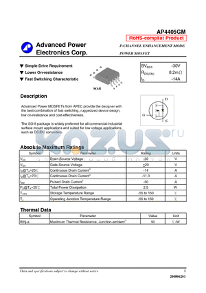 AP4405GM datasheet - Simple Drive Requirement, Lower On-resistance
