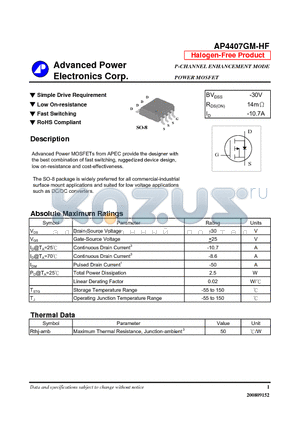 AP4407GM-HF datasheet - Simple Drive Requirement, Low On-resistance