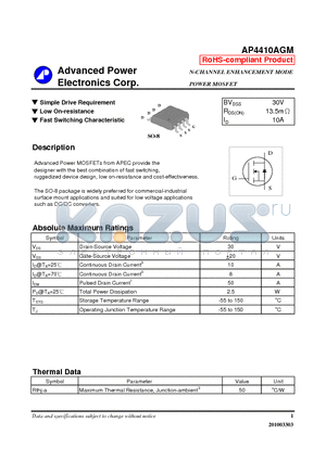 AP4410AGM datasheet - Simple Drive Requirement, Low On-resistance