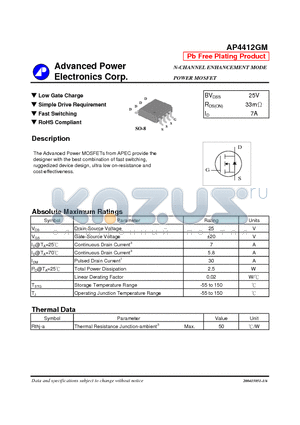 AP4412GM datasheet - N-CHANNEL ENHANCEMENT MODE POWER MOSFET