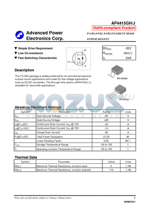 AP4415GH datasheet - P-CHANNEL ENHANCEMENT MODE POWER MOSFET