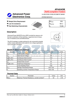 AP4424GM datasheet - N-CHANNEL ENHANCEMENT MODE POWER MOSFET