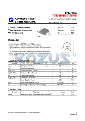 AP4425GM datasheet - Simple Drive Requirement, Fast Switching Characteristic