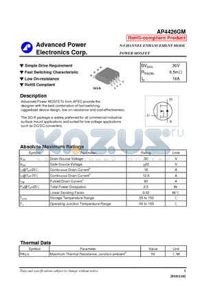 AP4426GM datasheet - Simple Drive Requirement, Fast Switching Characteristic