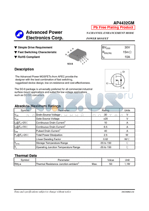 AP4432GM datasheet - Simple Drive Requirement, Fast Switching Characteristic