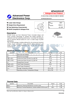 AP4433GH-HF datasheet - Lower Gate Charge, Simple Drive Requirement