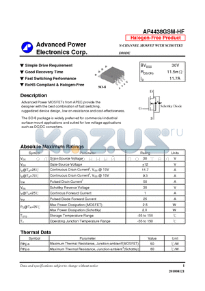 AP4438GSM-HF datasheet - Simple Drive Requirement, Good Recovery Time
