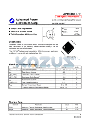 AP4453GYT-HF datasheet - Simple Drive Requirement, Small Size & Lower Profile
