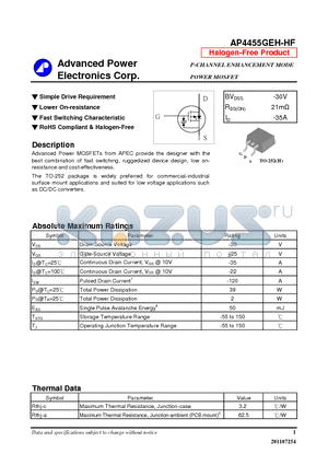 AP4455GEH-HF datasheet - Simple Drive Requirement, Lower On-resistance