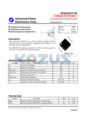 AP4455GYT-HF datasheet - Simple Drive Requirement, Small Size & Lower Profile