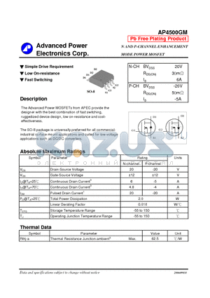 AP4500GM datasheet - N AND P-CHANNEL ENHANCEMENT MODE POWER MOSFET