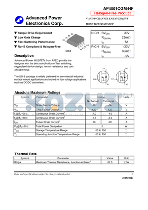 AP4501CGM-HF datasheet - Simple Drive Requirement, Low Gate Charge