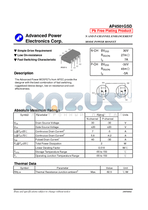 AP4501GSD datasheet - N AND P-CHANNEL ENHANCEMENT MODE POWER MOSFET