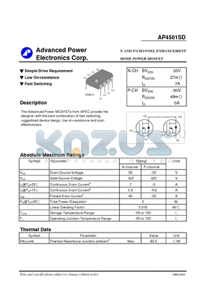 AP4501SD datasheet - N AND P-CHANNEL ENHANCEMENT MODE POWER MOSFET