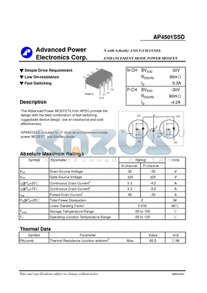 AP4501SSD datasheet - N with Schottky AND P-CHANNEL ENHANCEMENT MODE POWER MOSFET