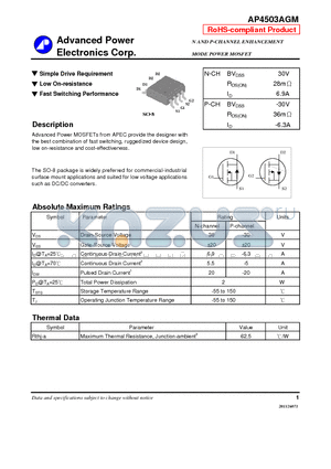AP4503AGM datasheet - N AND P-CHANNEL ENHANCEMENT MODE POWER MOSFET