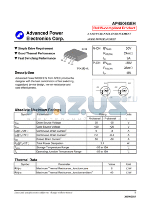 AP4506GEH datasheet - Simple Drive Requirement, Good Thermal Performance