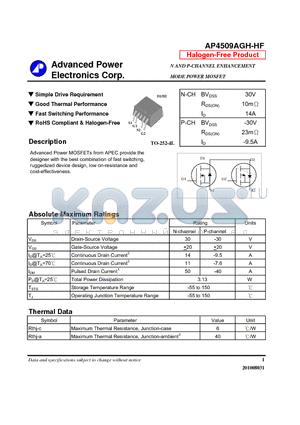 AP4509AGH-HF datasheet - Simple Drive Requirement, Good Thermal Performance