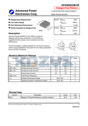 AP4509AGM-HF datasheet - Simple Drive Requirement, Low Gate Charge