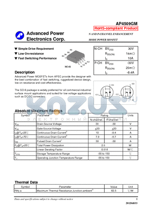 AP4509GM datasheet - Simple Drive Requirement, Low On-resistance