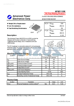 AP4511GM datasheet - N AND P-CHANNEL ENHANCEMENT MODE POWER MOSFET