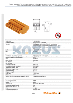 1557510000 datasheet - BLZ 5.08/4/270 SN SW