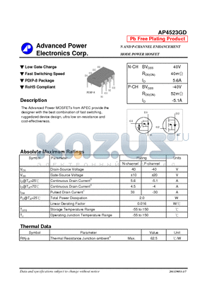 AP4523GD datasheet - Low Gate Charge, Fast Switching Speed, PDIP-8 Package