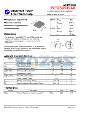 AP4523GM datasheet - Simple Drive Requirement, Low On-resistance