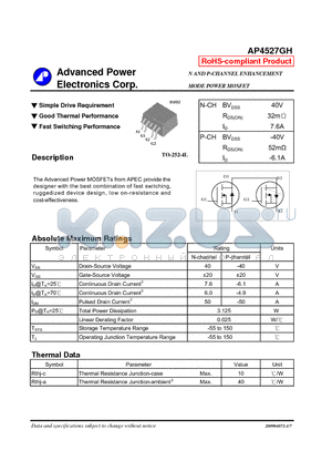 AP4527GH datasheet - Simple Drive Requirement, Good Thermal Performance