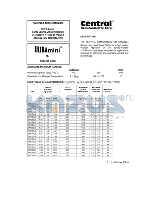 CMOZ24L datasheet - ULTRAmini. LOW LEVEL ZENER DIODE 2.4 VOLTS THRU 43 VOLTS 350mW, 5% TOLERANCE