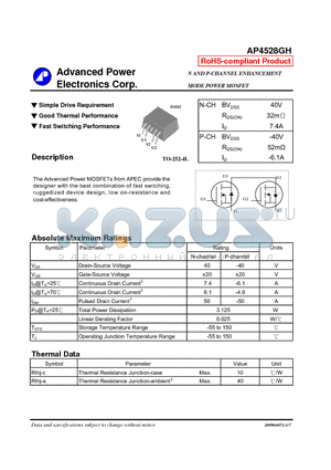 AP4528GH datasheet - Simple Drive Requirement, Good Thermal Performance