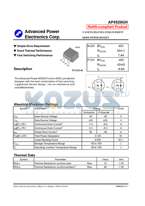 AP4529GH datasheet - Simple Drive Requirement, Good Thermal Performance