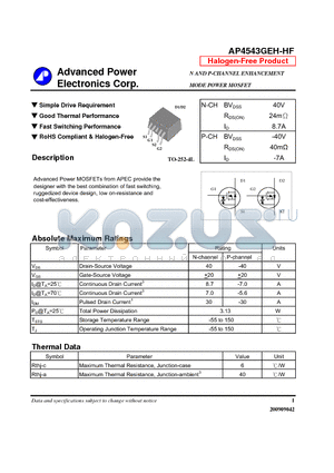 AP4543GEH-HF datasheet - Simple Drive Requirement, Good Thermal Performance
