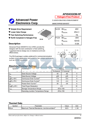 AP4543GEM-HF datasheet - Simple Drive Requirement, Fast Switching Performance