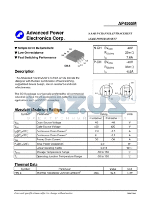 AP4565M datasheet - N AND P-CHANNEL ENHANCEMENT MODE POWER MOSFET