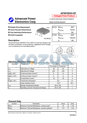 AP4578GH-HF datasheet - Simple Drive Requirement, Good Thermal Performance