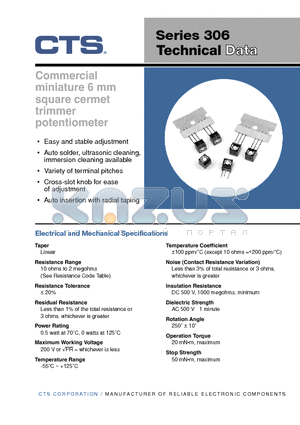 306HC202NR datasheet - Commercial miniature 6 mm square cermet trimmer potentiometer