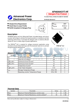 AP4820AGYT-HF datasheet - Simple Drive Requirement, Small Size & Lower Profile