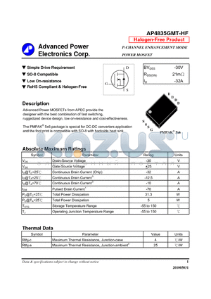 AP4835GMT-HF datasheet - Simple Drive Requirement, SO-8 Compatible